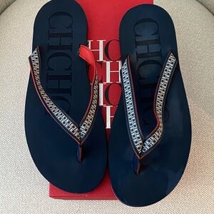 Carolina Herrera Navy Blue Flip Flops with Monogram Straps and Red Trim